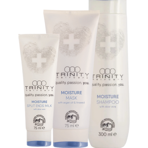 Trinity Moisture rinkinys – Drėkinanti linija ( šampūnas, kaukė,galiukų pienelis)