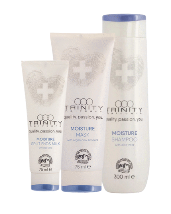 Trinity Moisture rinkinys - Drėkinanti linija ( šampūnas, kaukė,galiukų pienelis)